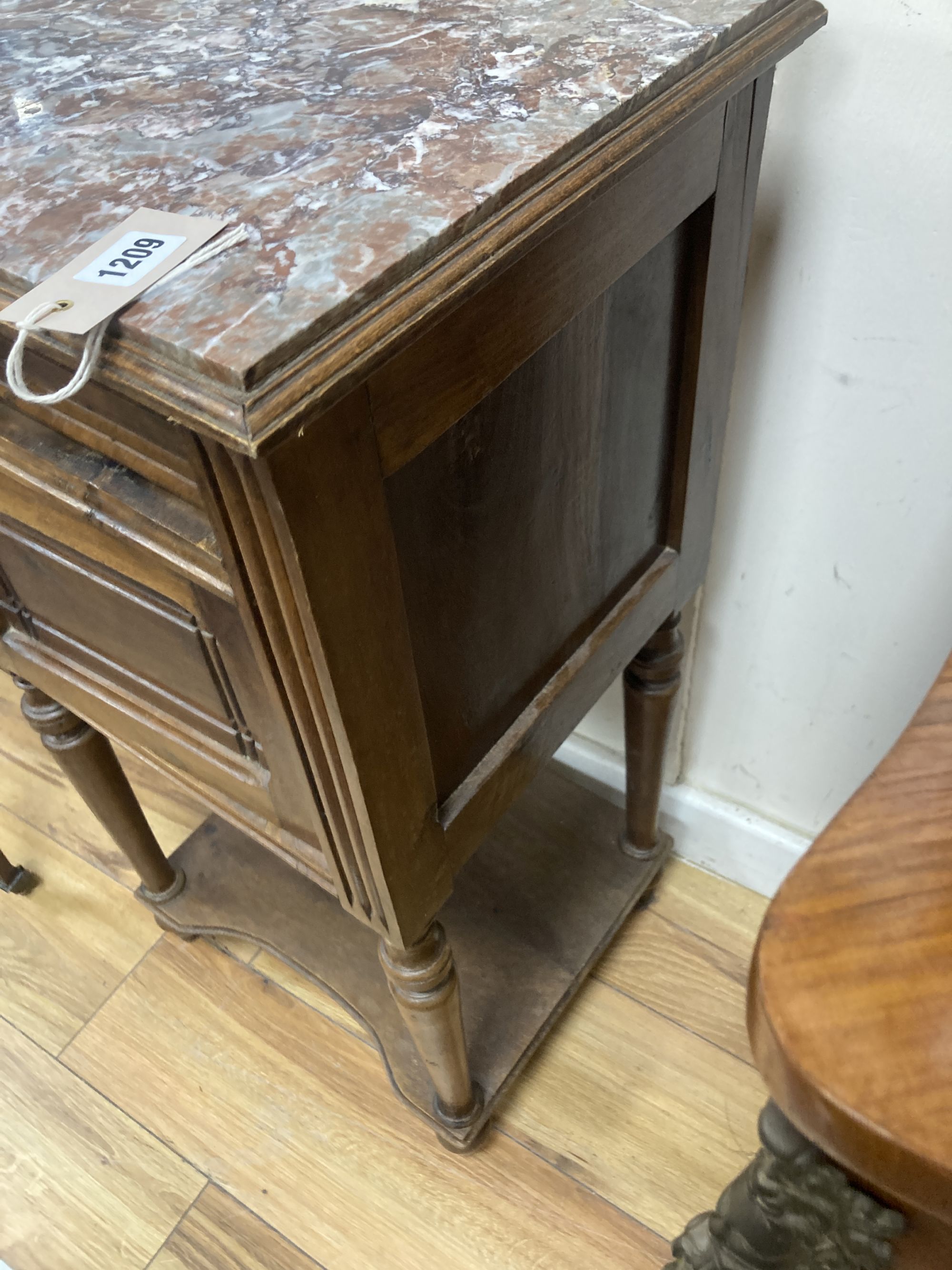 A late 19th century French marble top bedside cabinet, width 40cm, depth 35cm, height 78cm